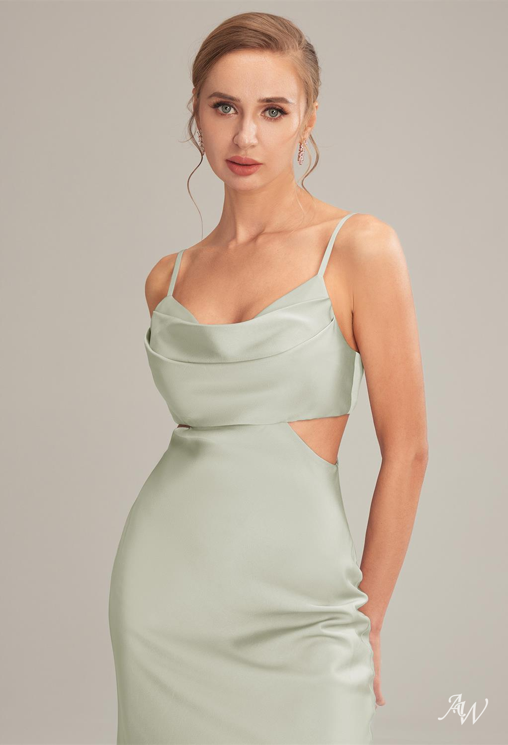 AW Odele Sage Green Satin Charmeuse Bridesmaid Dresses image3